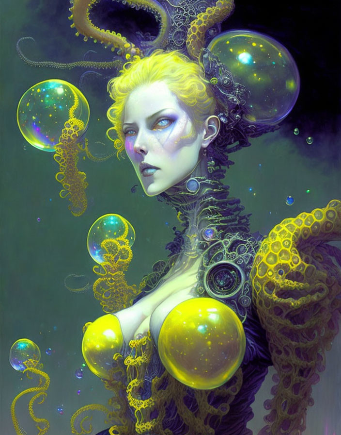 Fantastical portrait of a woman with glowing orbs and tentacle-like adornments on green backdrop