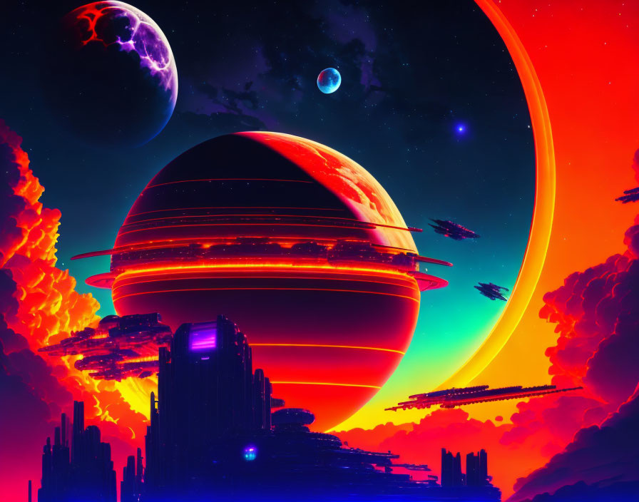 Colorful sci-fi cityscape with ringed planet and moons in vibrant space sky.