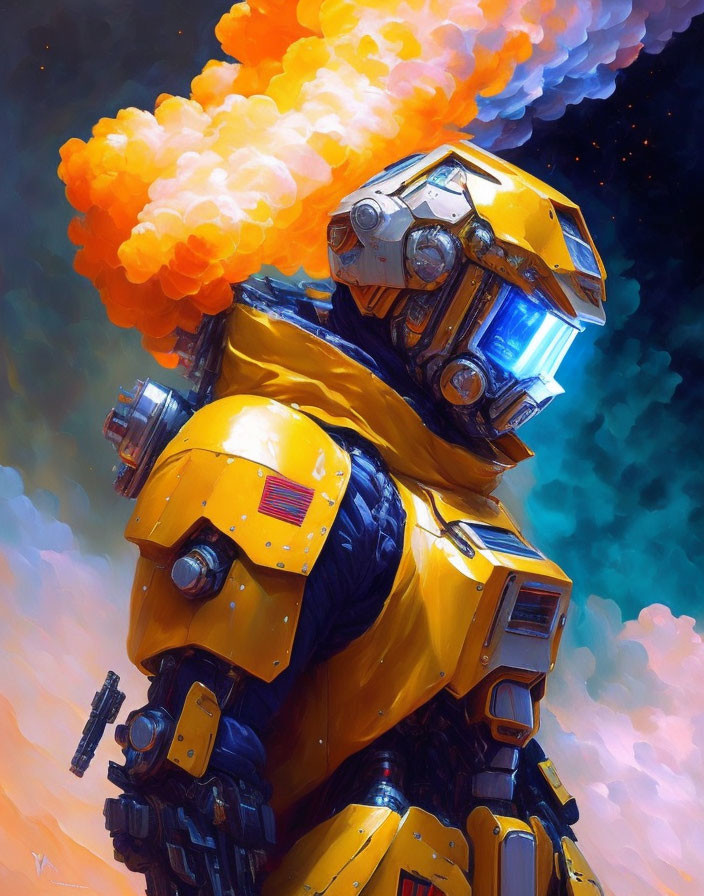 Colorful Robot in Yellow Armor with Blue Helmet on Fiery Clouds and Stars