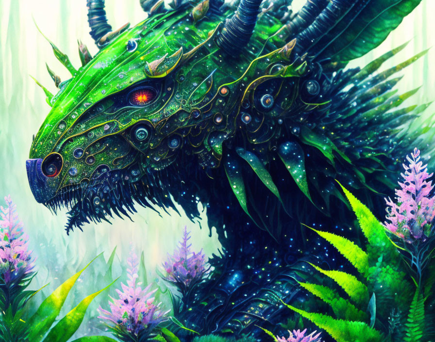 Colorful digital artwork: mechanical dragon in green armor with red eyes, amidst exotic foliage