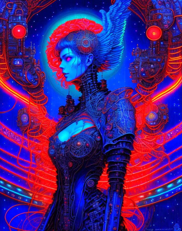 Female Cyborg Illustration with Glowing Red Elements on Blue Background