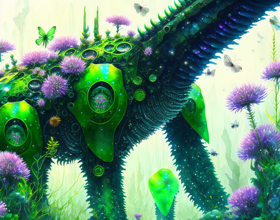 Vibrant green and purple creature with butterflies and flowers