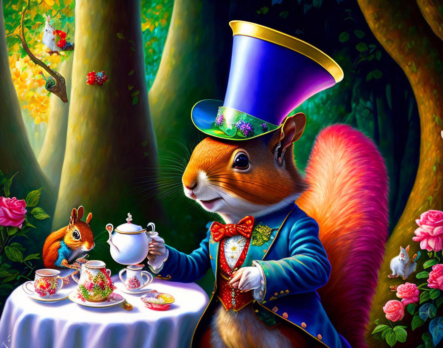 Formal Attire Squirrel Hosts Tea Party in Enchanted Forest