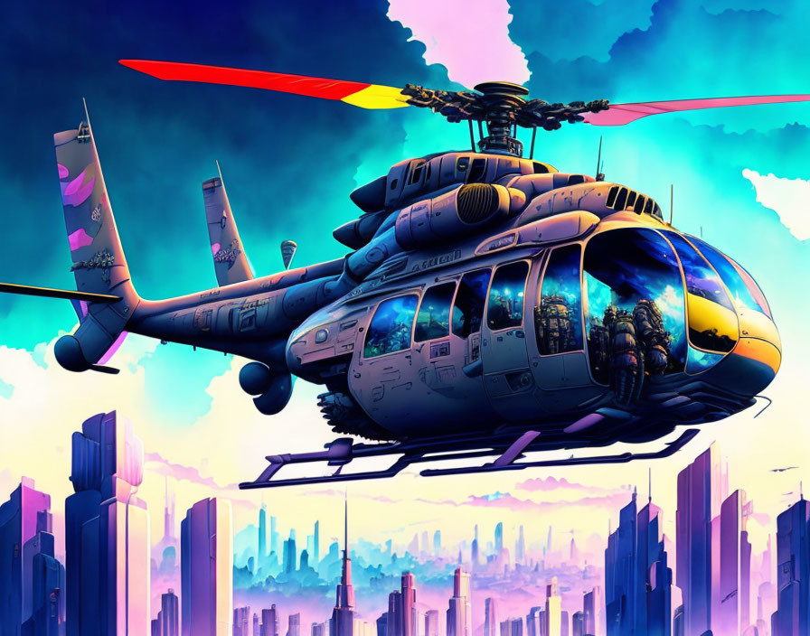 Futuristic helicopter flying over city skyscrapers in vibrant illustration