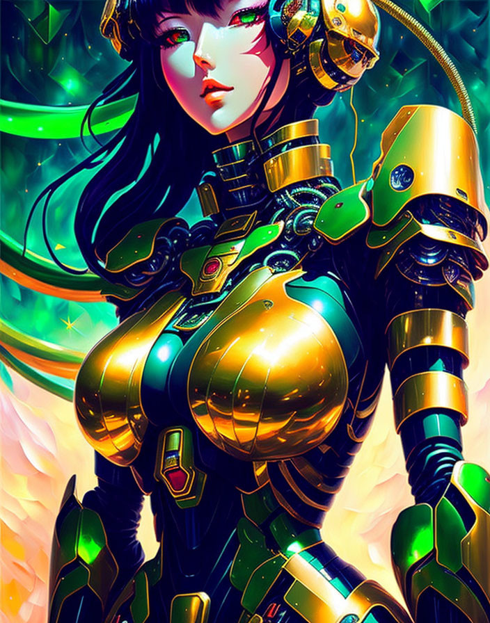 Detailed futuristic female character in vibrant yellow-green armor.