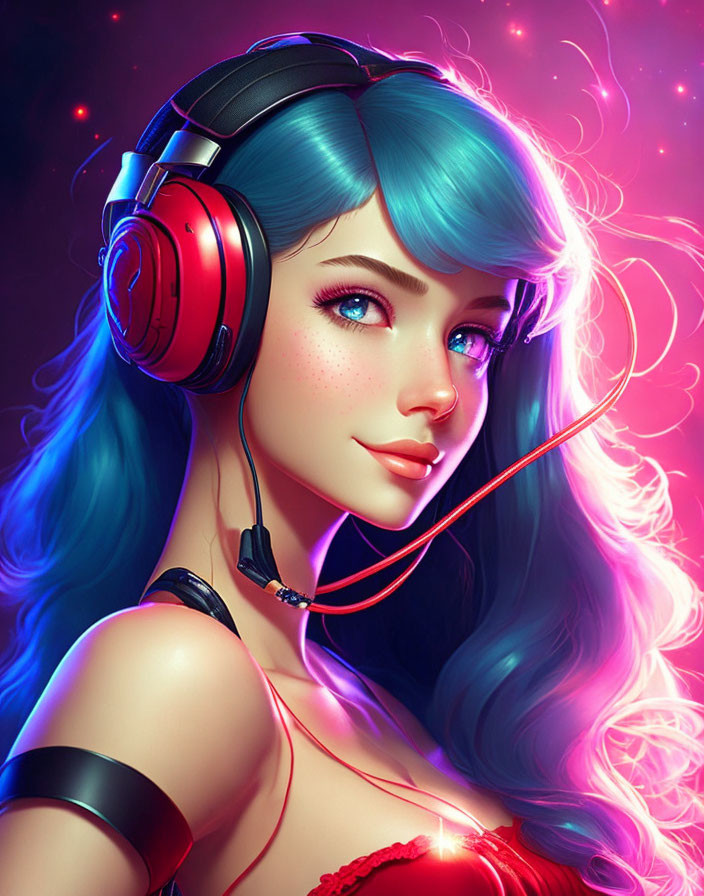 Digital Artwork: Woman with Blue Hair and Headphones on Neon Background