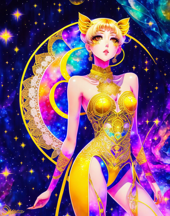 Female character with cat ears in golden armor against cosmic backdrop