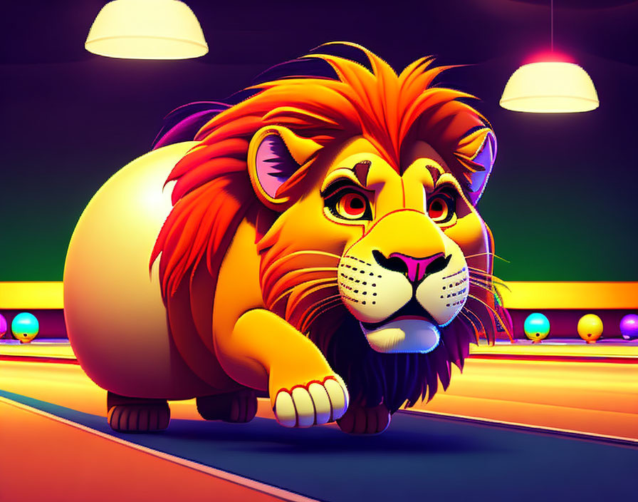 Colorful lion illustration on bowling lane under neon lights