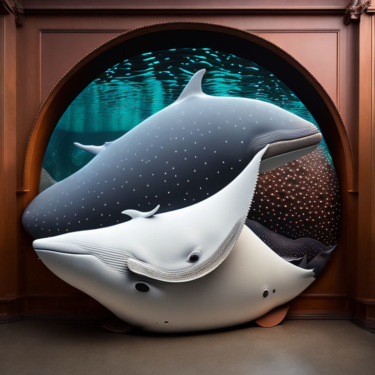 Digital artwork: Whale peeking through round submarine window in ocean.