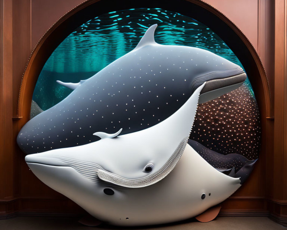 Digital artwork: Whale peeking through round submarine window in ocean.