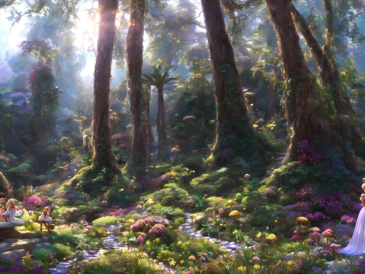 Enchanted forest scene with sunlight, flowers, stream, and fairy-like creatures