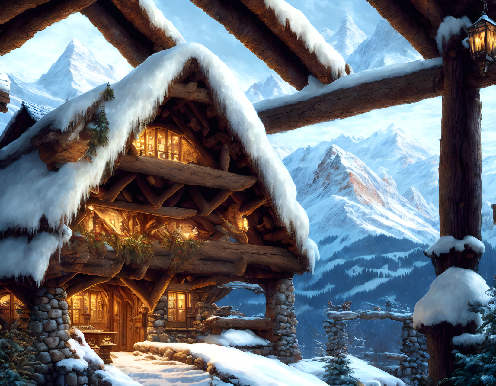 Snow-covered log cabin with warm lights in mountainous landscape at dusk