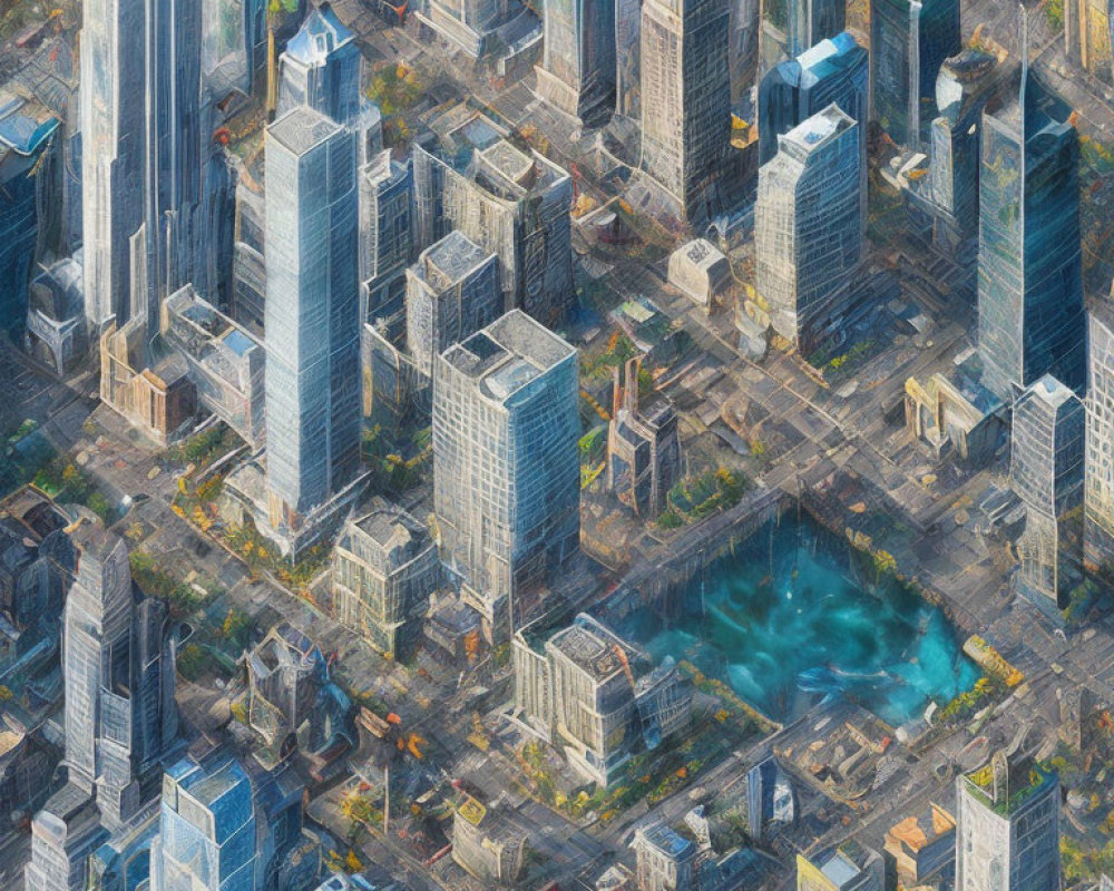 Urban Cityscape with Modern Skyscrapers and Grid Streets