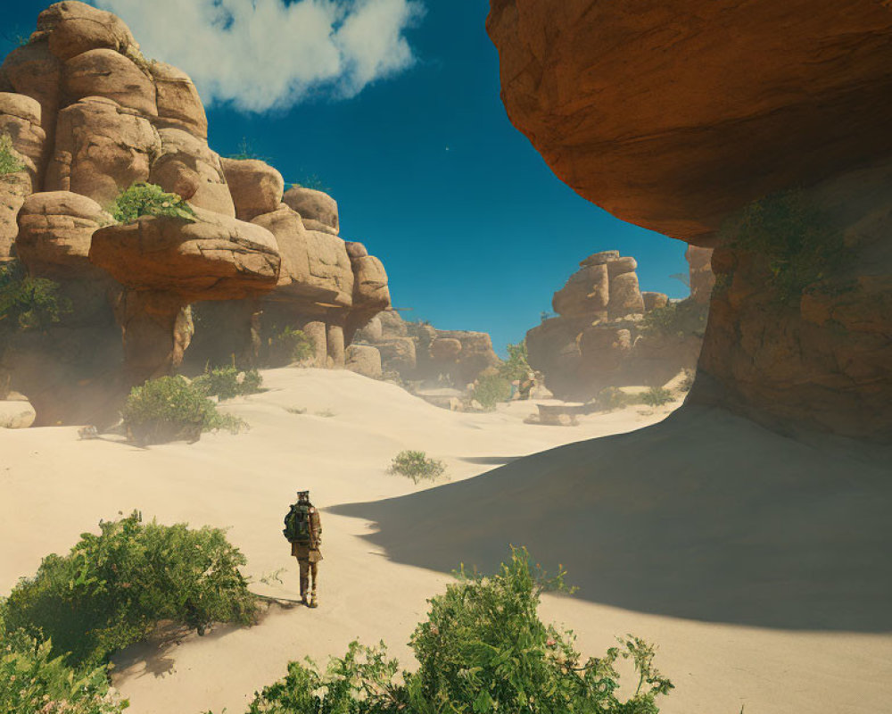 Desert landscape with lone figure and rock formations