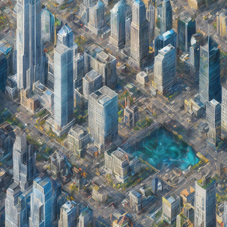 Urban Cityscape with Modern Skyscrapers and Grid Streets