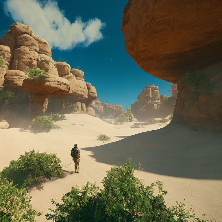 Desert landscape with lone figure and rock formations