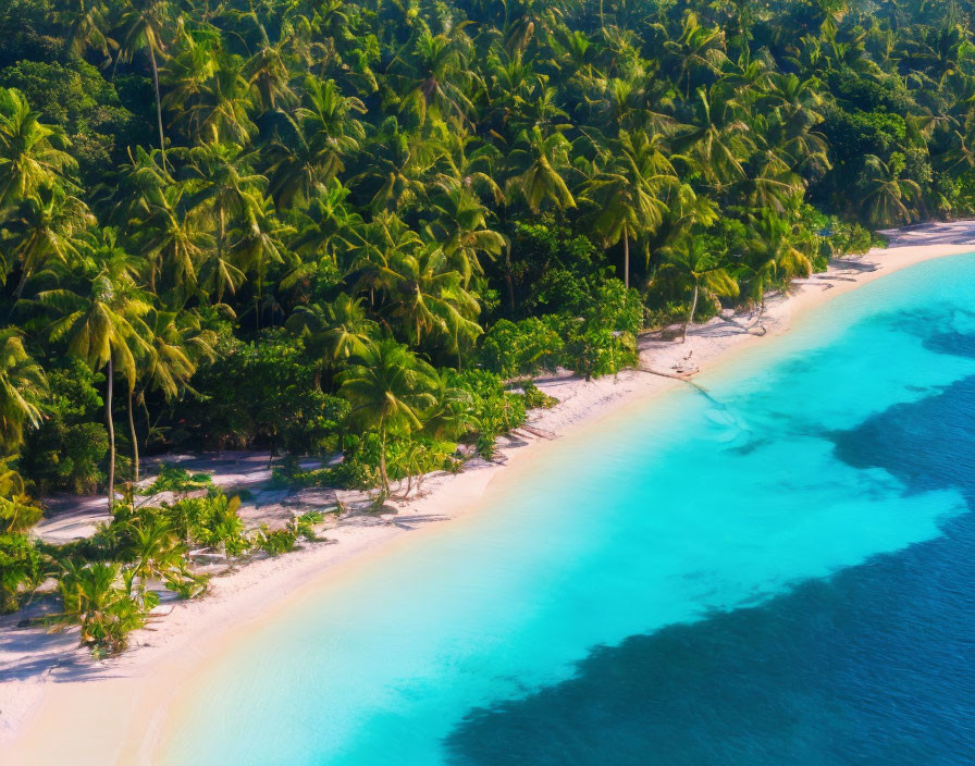 Tropical beach with turquoise waters, white sand, palm trees & boats