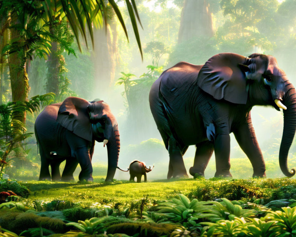 Family of elephants in lush jungle with baby elephant