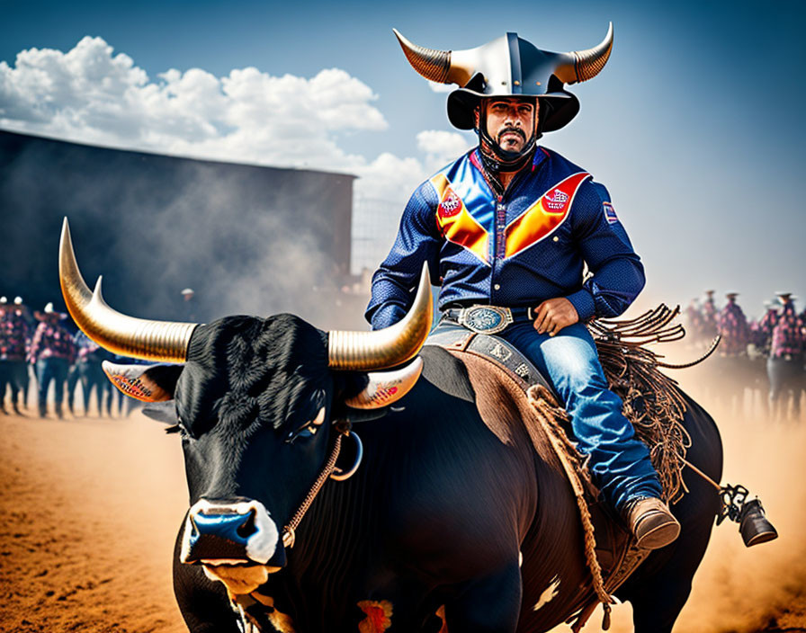 A MAN ON A BULL WITH A STEEL HELMET ON HIS HEAD