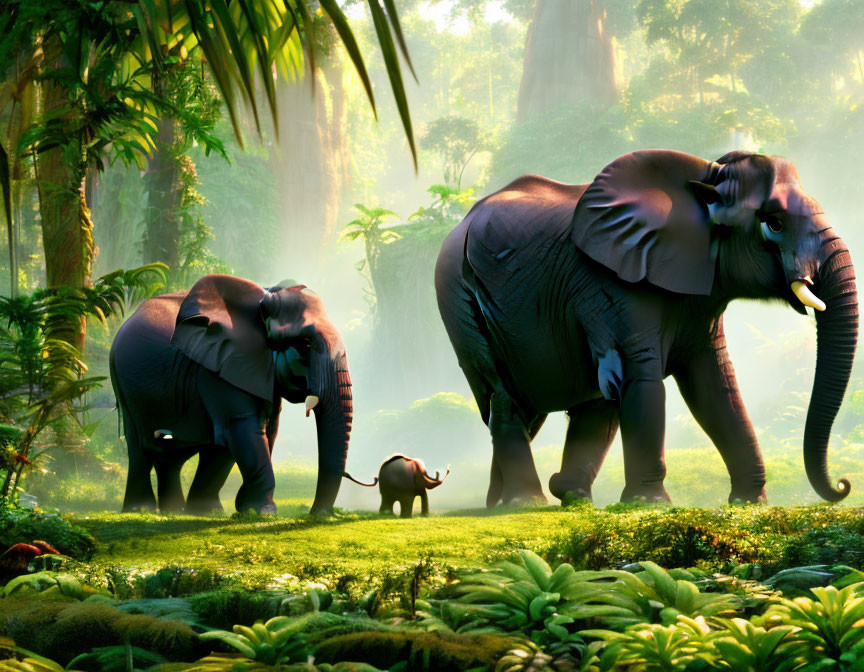 Family of elephants in lush jungle with baby elephant