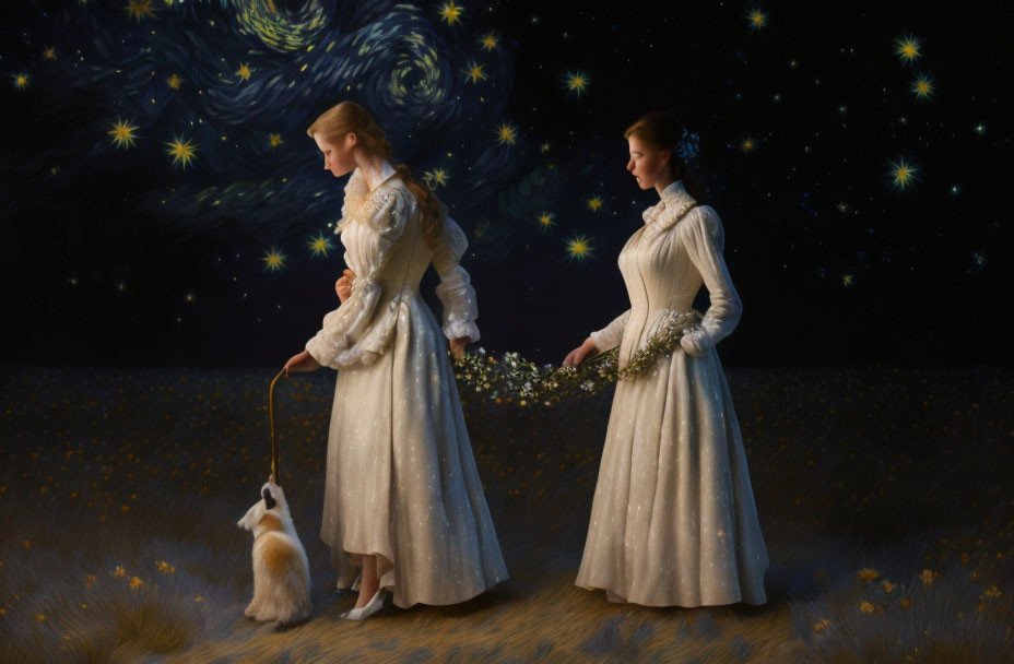 Two women in vintage dresses with a small dog and flowers in a starry field