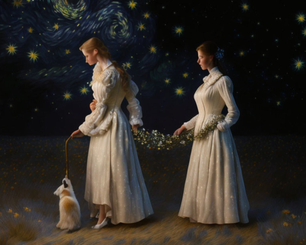 Two women in vintage dresses with a small dog and flowers in a starry field