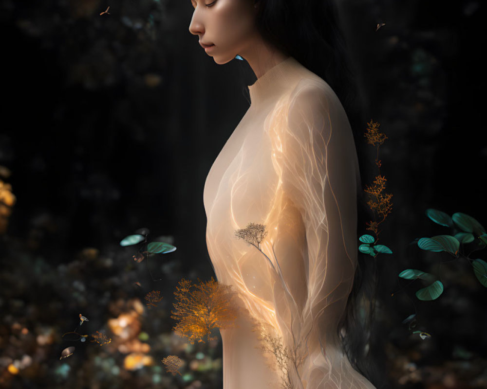 Profiled woman with dark hair in serene forest setting with glowing foliage.