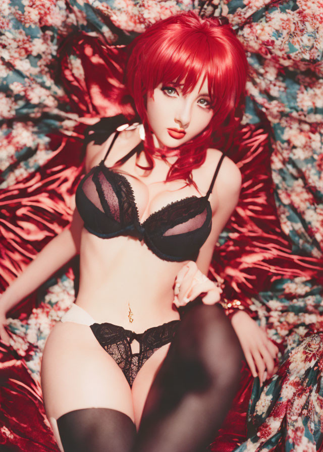 Red-haired female in black lingerie reclines on floral background