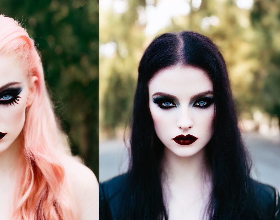 Split image of two individuals with pink and black hair, dramatic makeup, against blurred background