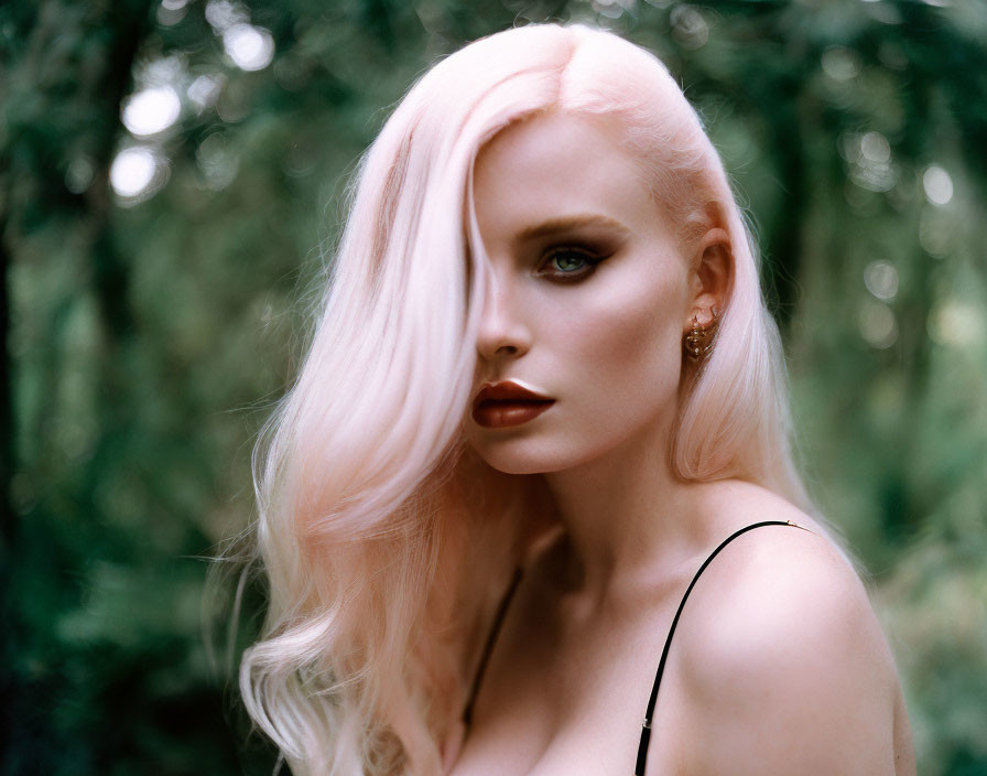 Platinum Blonde Woman Poses in Mystical Forest