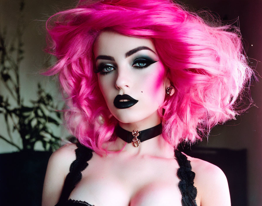 Vibrant Pink Hair, Dark Eyeshadow, Bold Lashes: Woman in Black Outfit