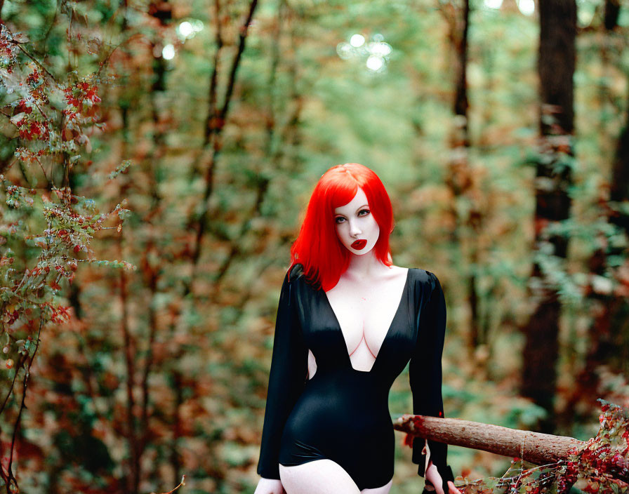 Red-haired woman in black swimsuit poses in lush green woodland