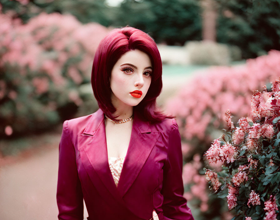 Vibrant red-haired woman in magenta blazer among pink flowers