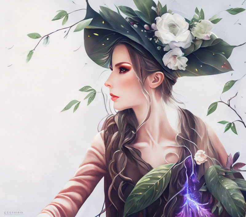 Illustration of woman with floral hat, braided hair, and magical pendant