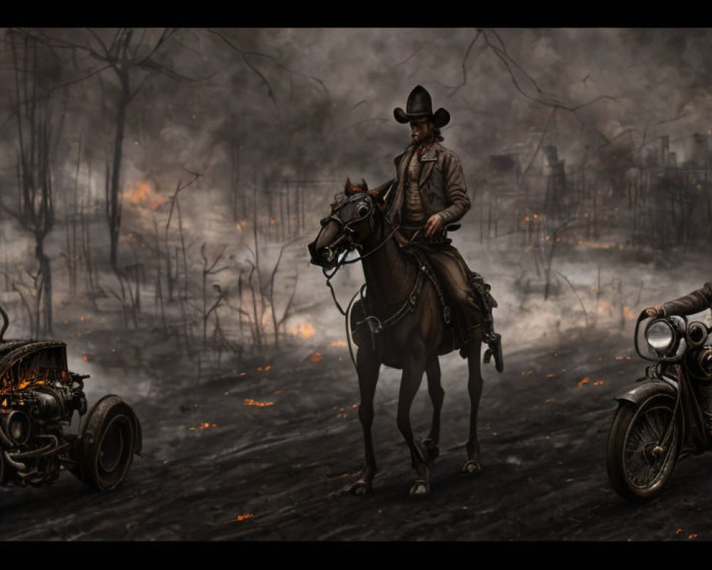 Cowboy on horseback and person on vintage motorcycle in dystopian landscape with fire and ruins.