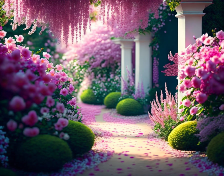 Pink Flowering Trees and Shrubs on Garden Path with Fallen Petals