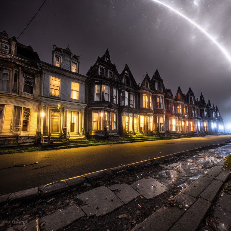 Victorian houses at night under starry sky with meteor streak