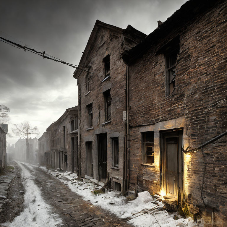 Deserted Street with Dilapidated Buildings and Glowing Doorway