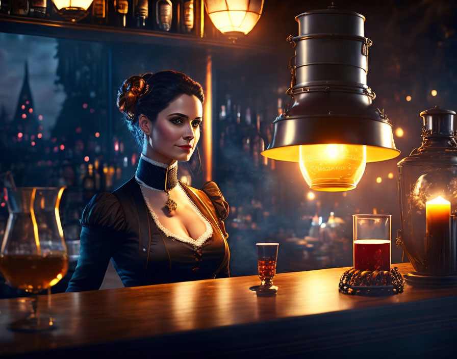 Victorian woman at bar with glowing lamps and cognac glass