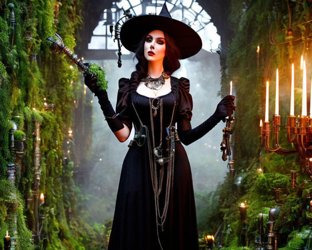 Woman in gothic attire with candelabras in candle-lit forest.