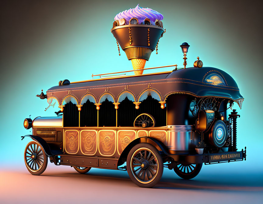 Steampunk-style ice cream truck with intricate designs and large ice cream cone on top