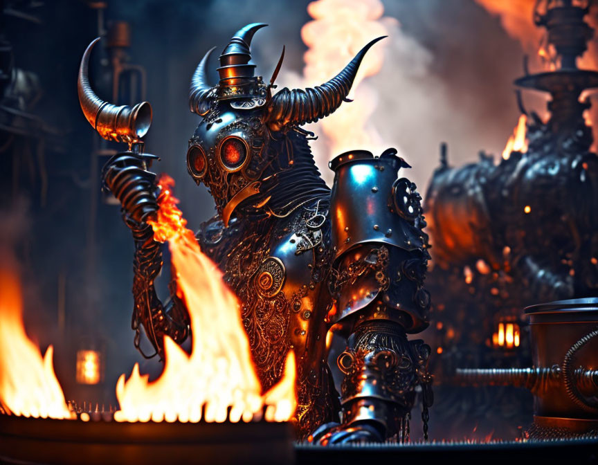 Steampunk-style robot with metallic horns holding glowing orb in fiery industrial scene