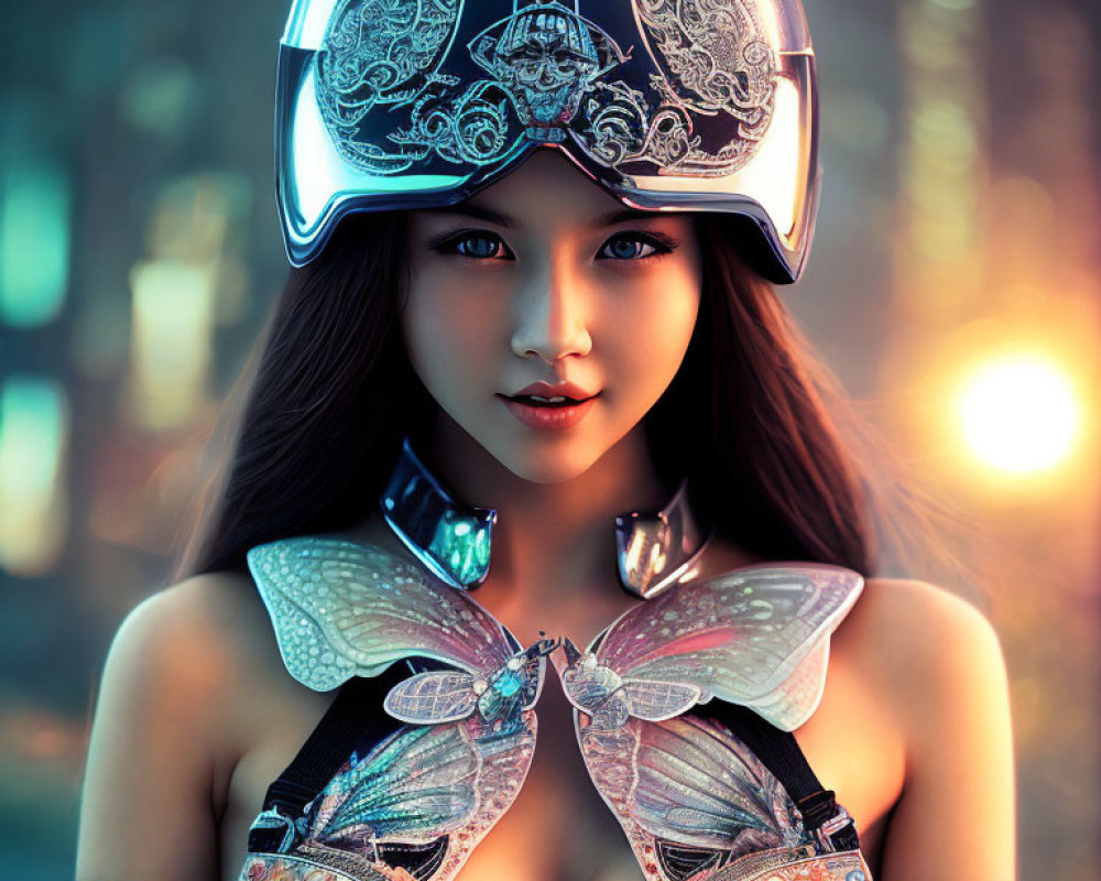 Futuristic woman in ornate helmet with butterfly-themed attire on bokeh light background