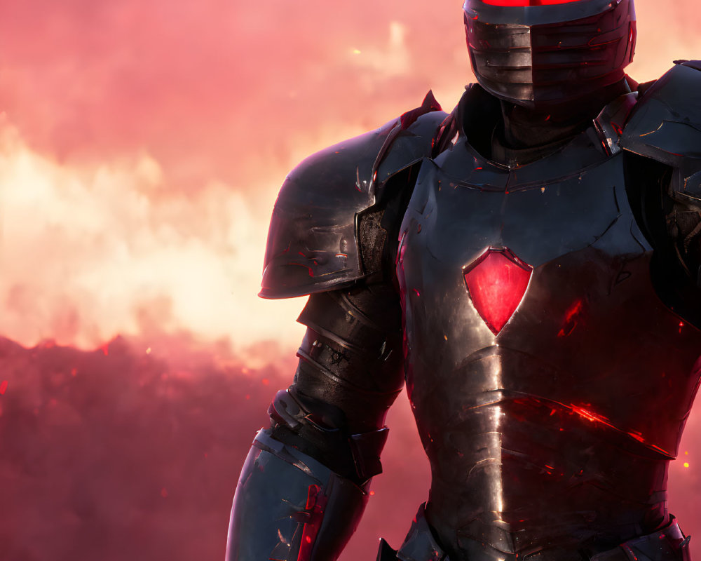 Futuristic knight in armor under pink sky with glowing red visor