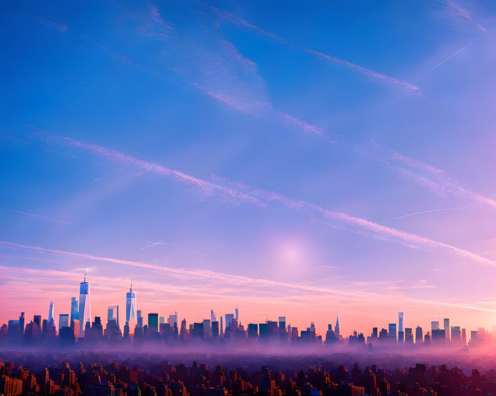 City skyline at sunset with skyscraper silhouettes and vibrant sky.