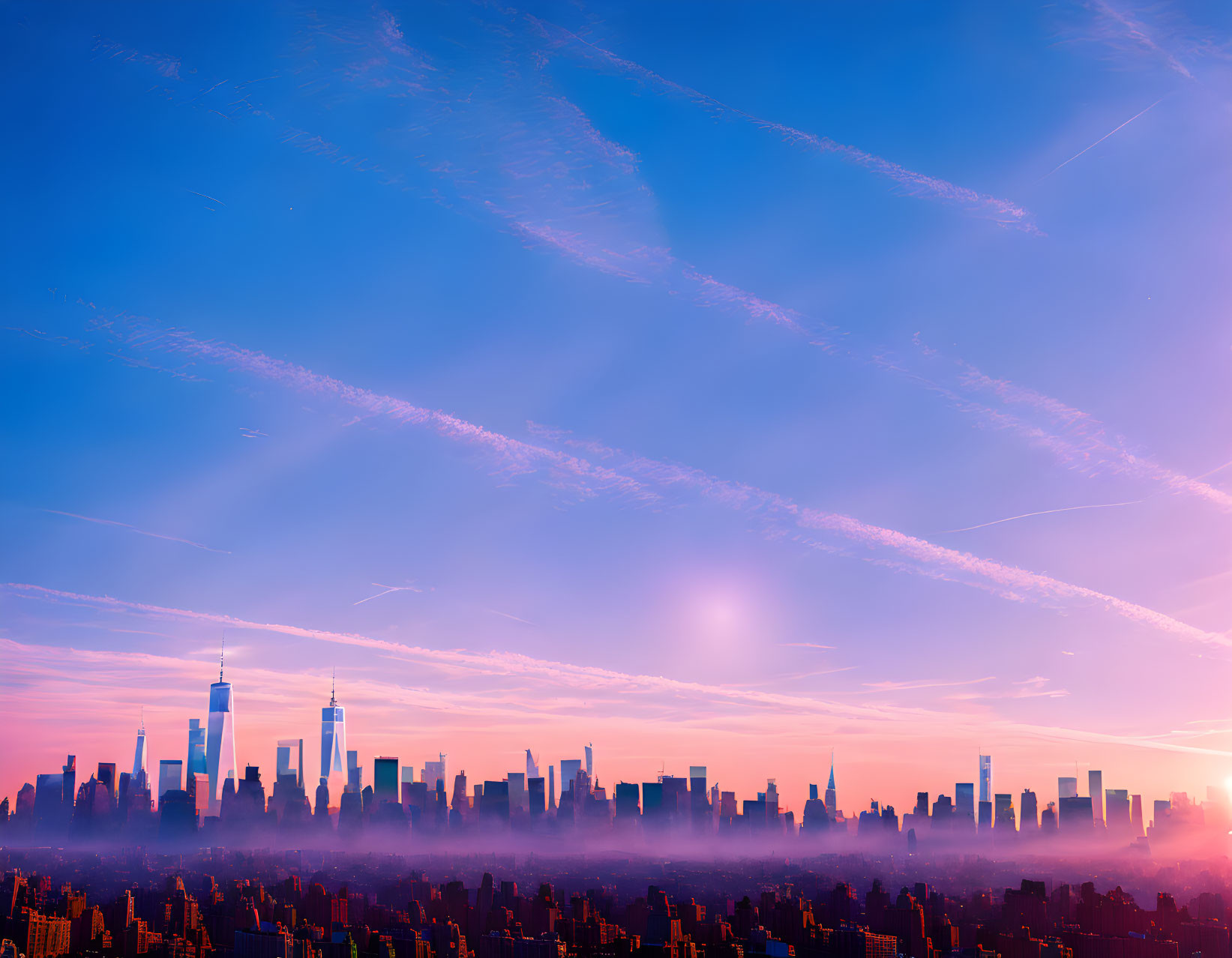 City skyline at sunset with skyscraper silhouettes and vibrant sky.