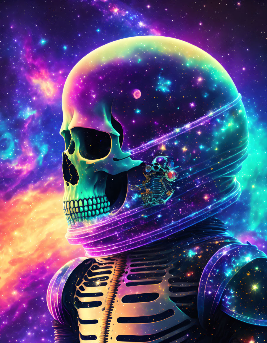 Digital artwork: Humanoid skull with cosmic nebula overlay in star-filled space