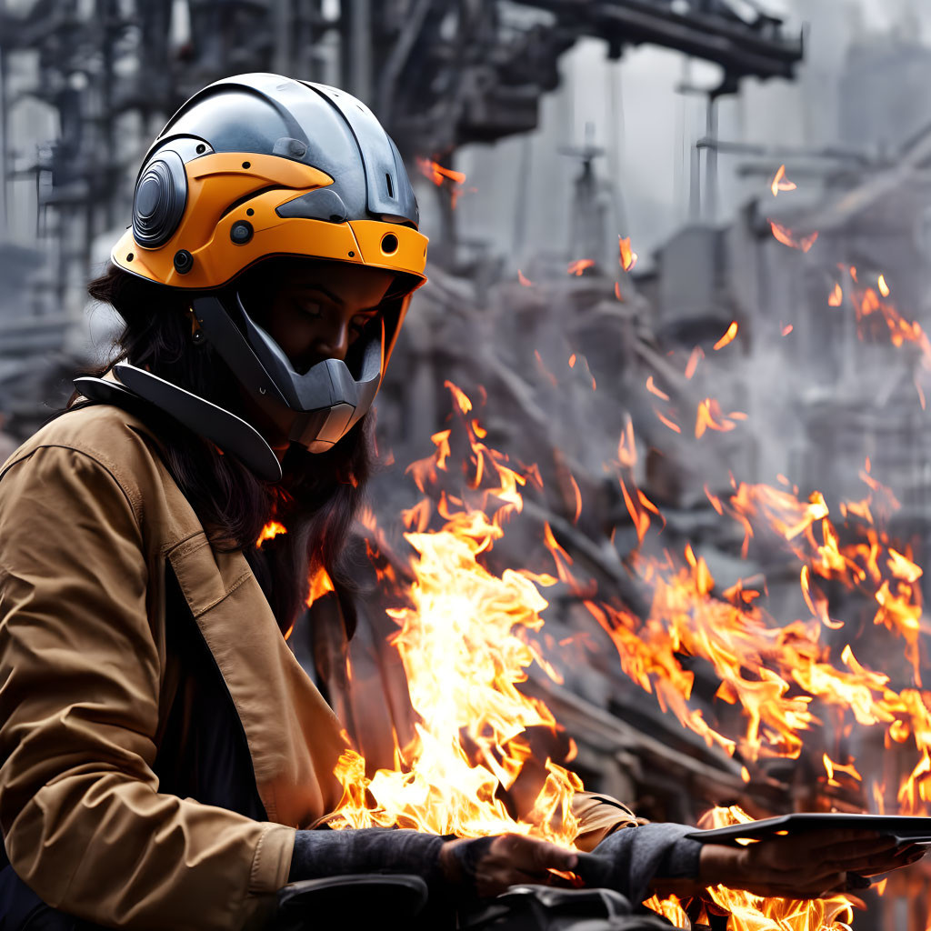 Person in Helmet and Jacket Near Flames with Industrial Background