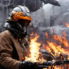 Person in Helmet and Jacket Near Flames with Industrial Background