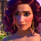 Close-up 3D animated female character with curly hair, gold earrings, makeup, blurred cityscape